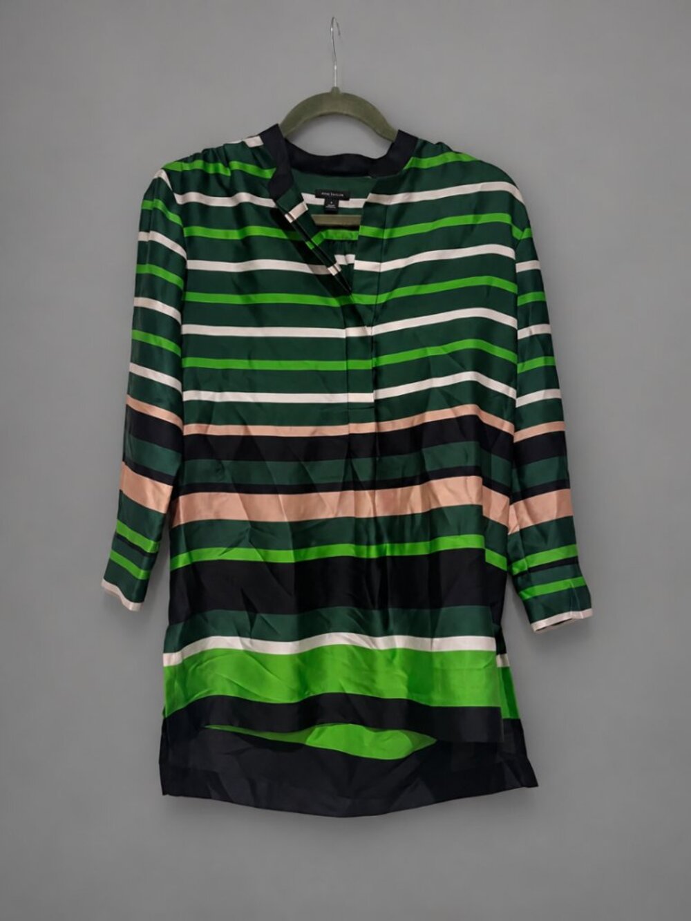 Ann Taylor Green Multicolor Striped Satin Tunic Blouse 3/4 Sleeve. Size XS